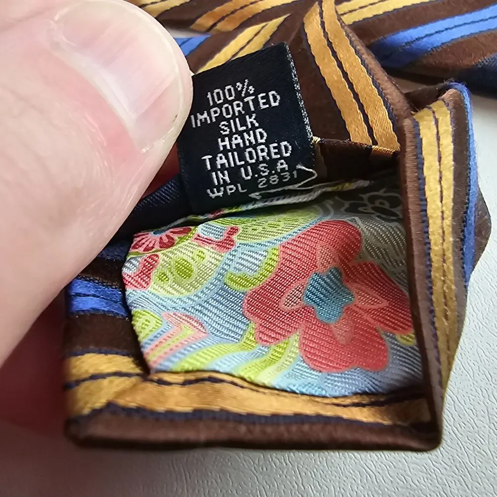 Ted Baker London 100% Silk Tie Brown Blue Gold Striped Handmade USA Necktie